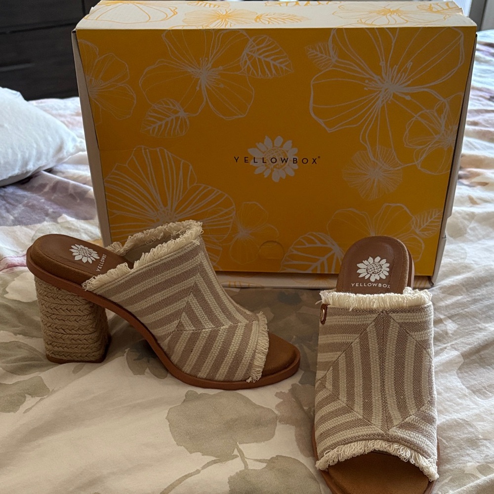 Yellow Box Women's Striped Tan and Cream Mules. Worn once.